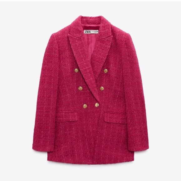Blogger Fave Zara Textured Tweed Fuschia Pink Double Breasted Blazer Size XS - Picture 5 of 14